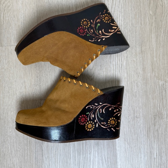Y2K vintage wood suede wedge clog mule size 9 - Picture 3 of 7